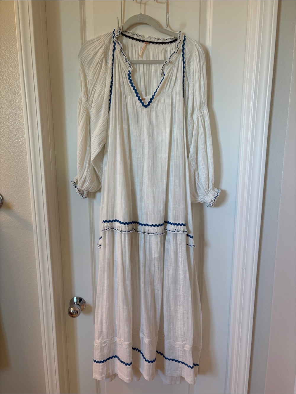 Free People Bohemian White Maxi Dress with Blue Trim